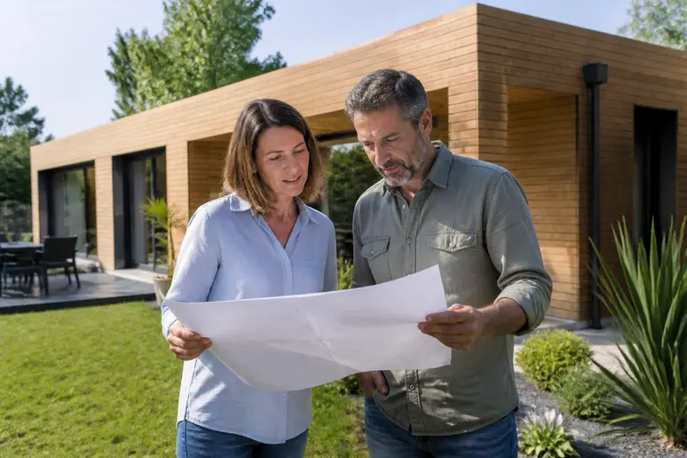 Couple français discutant des plans d'une maison en bois de plain-pied moderne de trois chambres dans leur jardin.