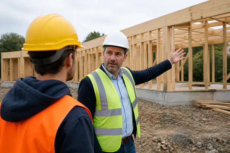 Un chef de chantier discute avec un ouvrier devant la structure en bois d'une maison plain-pied en cours de construction.