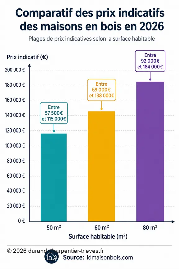 Graphique comparant les fourchettes de prix indicatives pour différentes surfaces de maisons en bois en 2026.