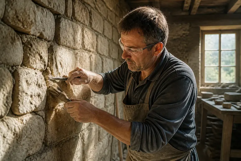 Un maçon français polit méticuleusement les joints d'un mur en pierre ancien dans un atelier rural.