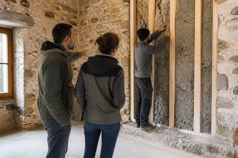 Un couple français examine l'installation d'isolant en ouate de cellulose dans les murs d'une maison en pierre.