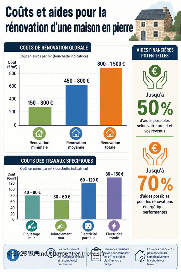 Comparaison des coûts de rénovation d'une maison en pierre et des aides financières potentielles selon le type de travaux.
