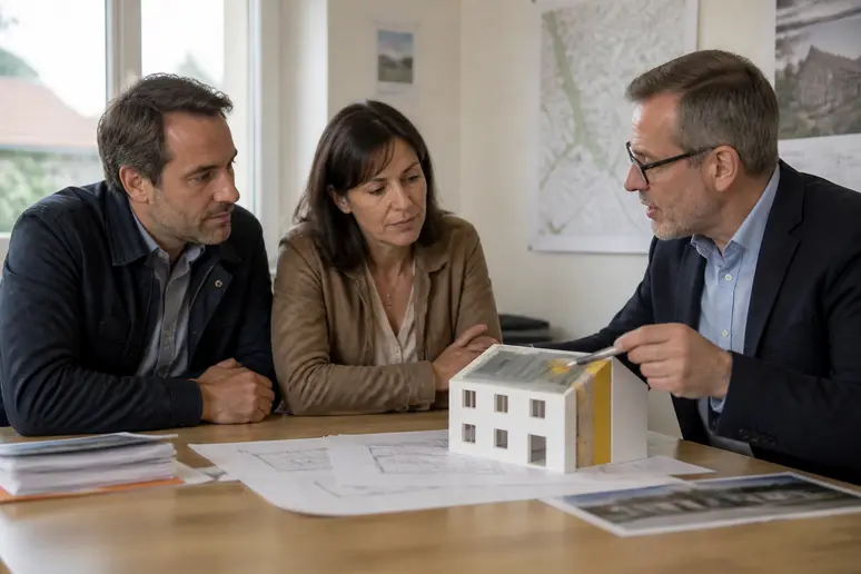 Un couple discute avec un urbaniste des plans d'isolation extérieure de leur maison, soulignant les aspects administratifs.