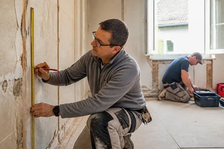 Un homme prépare méticuleusement un mur extérieur pour l'isolation, mesurant et marquant avec précision les futures fixations des rails.