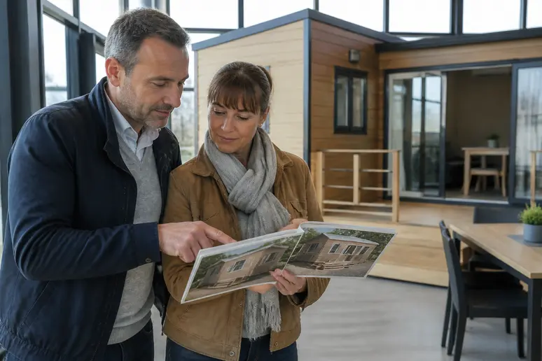 Couple français examinant les détails d'un brochure de mobil-home en bois dans une pièce lumineuse.