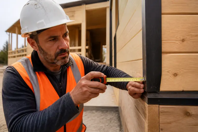 Professionnel inspectant la structure d'un mobil-home en bois avec un mètre, dans un chantier.