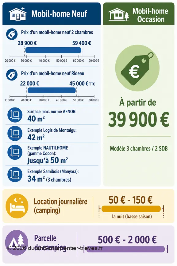 Comparaison des prix et surfaces des mobil-homes bois neufs et d'occasion, incluant la location et la parcelle.