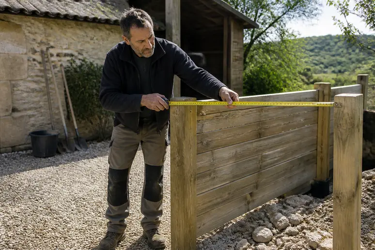 Un homme mesure un panneau de mur de soutènement en bois dans un jardin, vérifiant ses dimensions avec un mètre ruban.