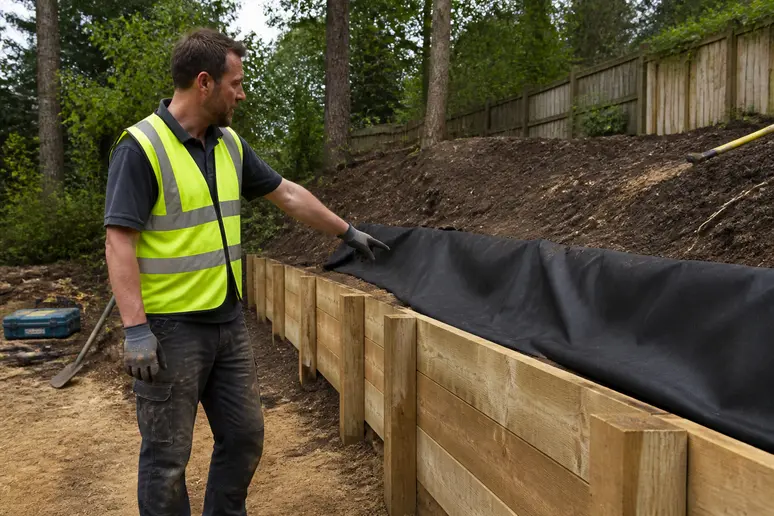 Un ouvrier supervise la pose d'un géotextile derrière un mur de soutènement en bois, garantissant sa durabilité.