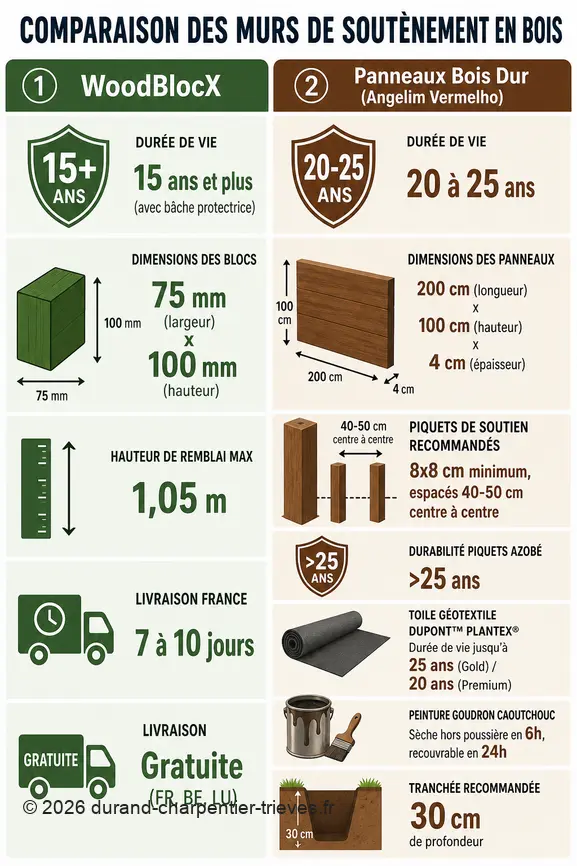Comparaison de murs de soutènement en bois : durée de vie, dimensions, matériaux et installation.
