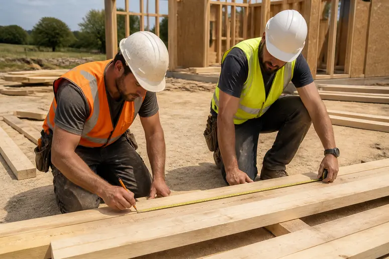 Deux ouvriers français mesurent et marquent des pièces de bois sur un chantier d'ossature bois, sous un ciel clair.