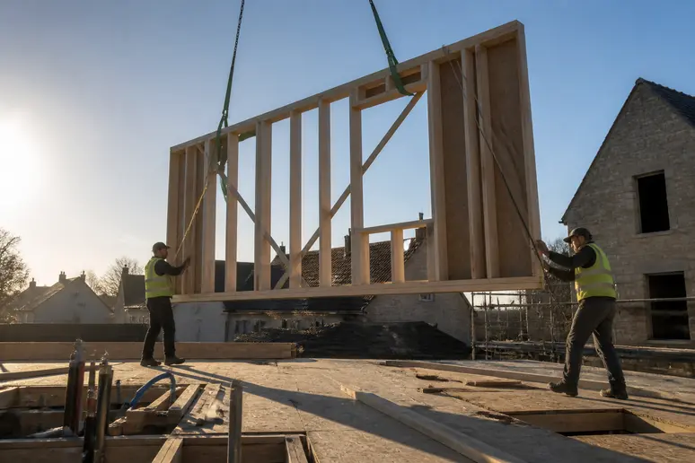 Des ouvriers français guident avec précaution un mur d'ossature bois lors de son levage sur un chantier de construction.