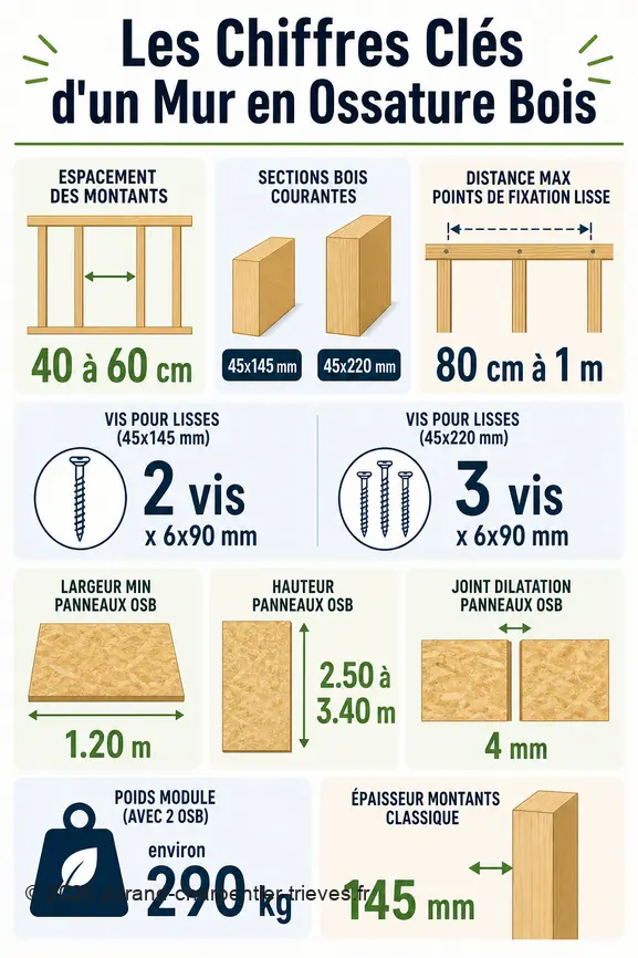 Infographie présentant les dimensions, espacements, fixations et poids clés pour la construction d'un mur en ossature bois.