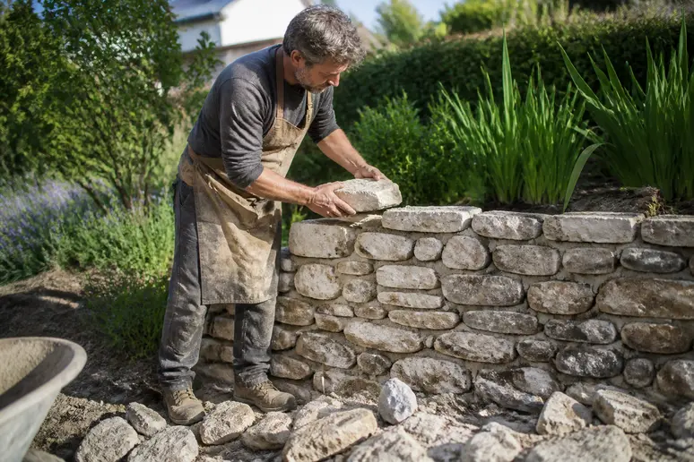 Un maçon expérimenté ajuste méticuleusement une pierre de parement sur un muret décoratif dans un jardin ensoleillé.