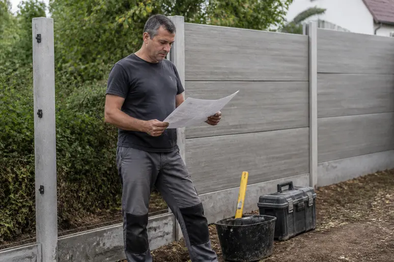 Un homme d'âge mûr consulte un devis pour des panneaux de clôture en béton dans son jardin, à côté d'une installation en cours.