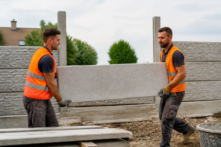 Deux ouvriers français soulèvent avec précaution une lourde plaque de béton pour clôture, un aspect crucial de l'installation.
