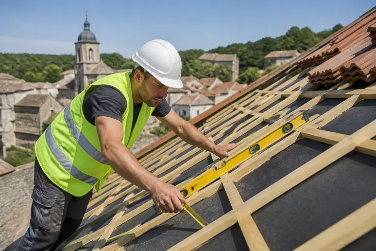 Un couvreur français mesure la pente d'un toit en utilisant un mètre et un niveau, sur un chantier réaliste.