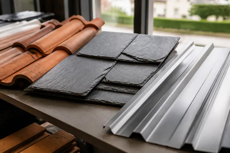 Différents matériaux de couverture comme les tuiles, ardoises et bacs acier sont présentés dans un magasin français.