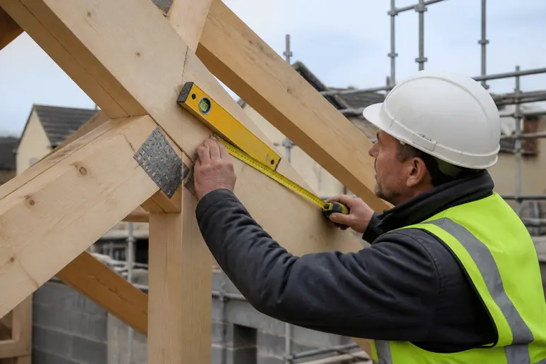 Un couvreur expérimenté mesure méticuleusement l'angle d'une ferme de toit sur un chantier de construction.