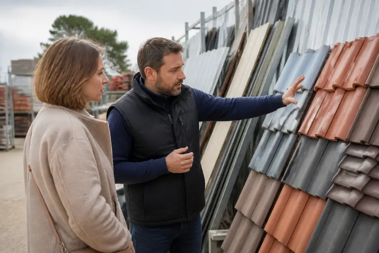 Un propriétaire discute des options de matériaux de couverture avec un professionnel, explorant différentes tuiles et tôles.
