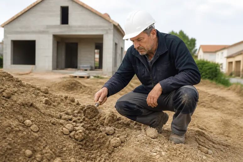 Un homme vérifie la composition du sol sur un chantier, évaluant les contraintes potentielles pour l'installation des piliers de portail.
