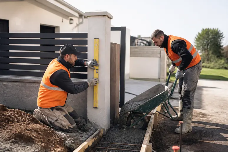 Des ouvriers français travaillent sur la pose de piliers de portail, assurant la précision de l'alignement et la solidité des fondations.