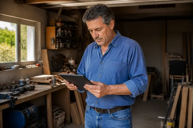 Un homme étudie attentivement un plan PDF de carport en bois sur une tablette dans un atelier.