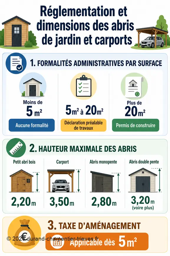 Infographie expliquant les règles d'urbanisme et les hauteurs maximales pour construire un abri de jardin ou un carport.