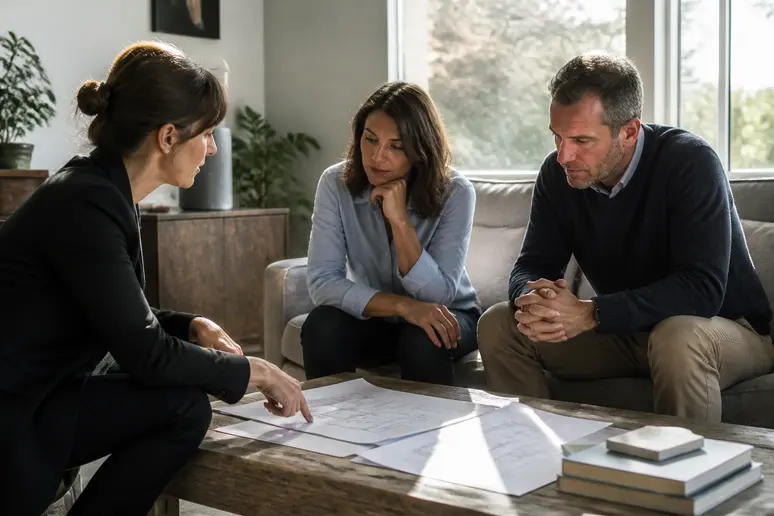 Un couple de Français discute des plans de rénovation d'une extension de 20 m² avec un architecte dans leur salon lumineux.