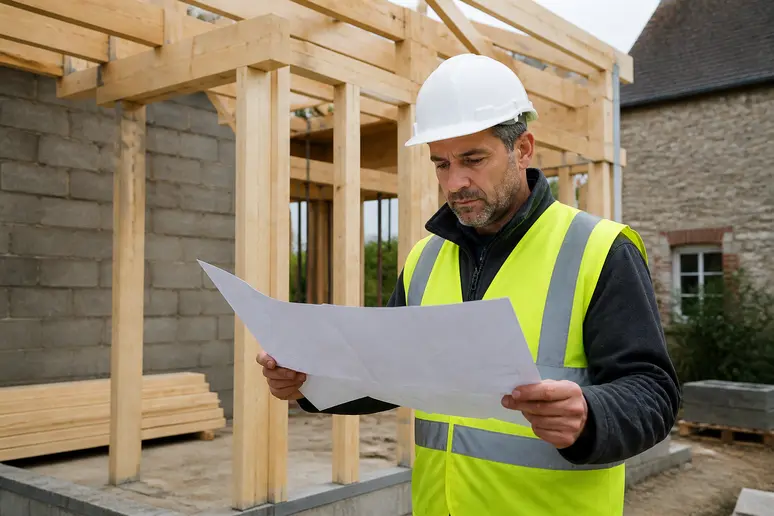 Un responsable de chantier français examine les plans d'une extension de maison en cours de construction, sur un chantier moderne.