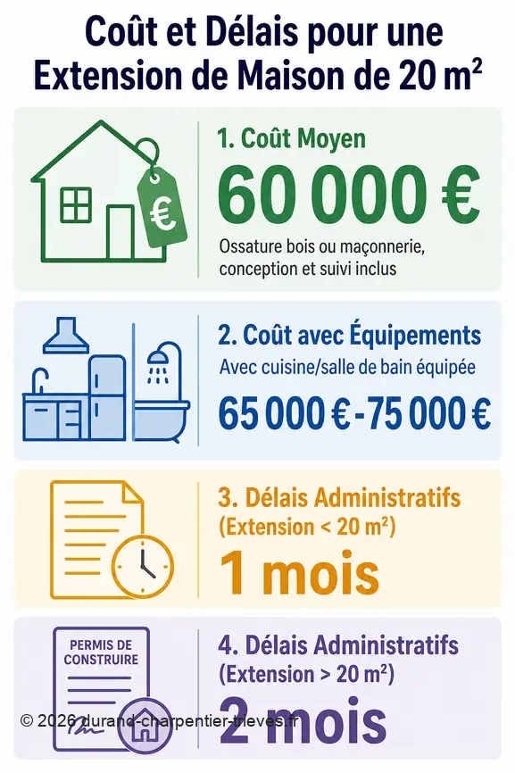Infographie présentant le coût moyen et les délais administratifs pour une extension de maison de 20 m².