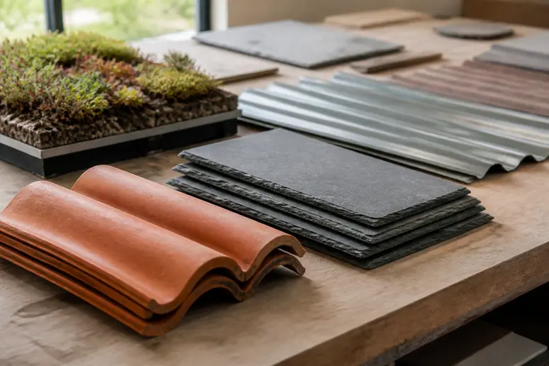 Échantillons variés de matériaux de couverture : tuiles de terre cuite, ardoises, bac acier et toiture végétalisée.