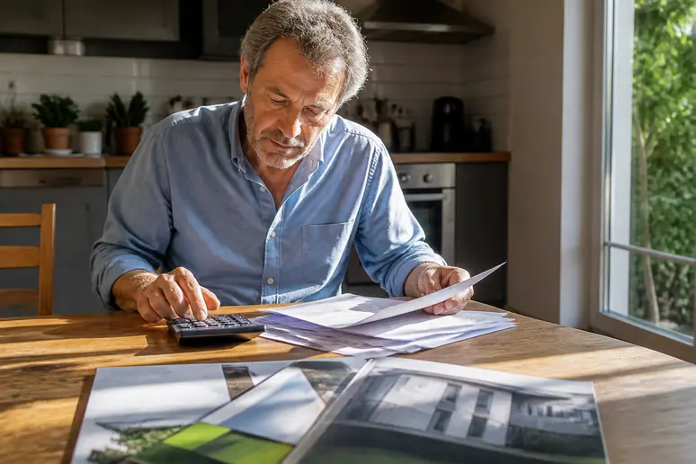 Un propriétaire français examine attentivement des documents financiers et des brochures sur les aides à la rénovation.