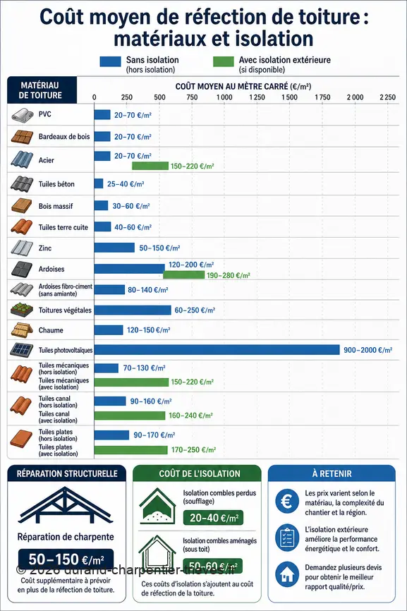 Infographie comparative des prix de réfection de toiture en France par matériau et avec/sans isolation.