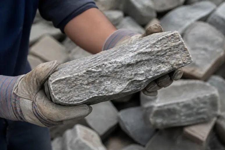 Les mains d'un maçon examinent une pierre brute de granit, prête pour la construction d'un mur en pierre sèche.