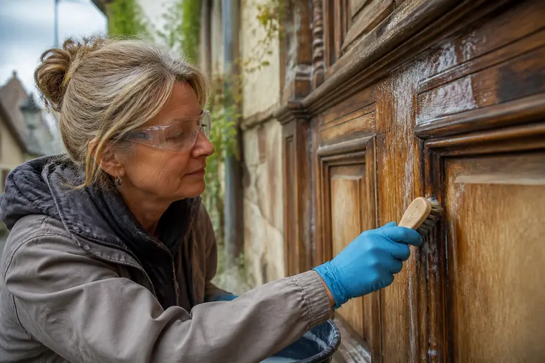 Une femme nettoie délicatement une façade en bois avec une brosse douce et de l'eau savonneuse pour préserver le matériau.