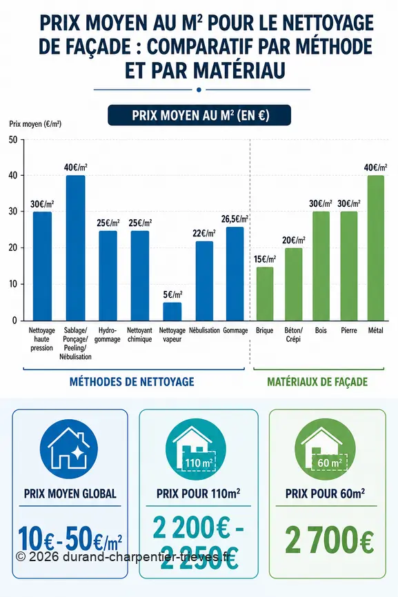 Comparatif des prix au m² pour le nettoyage de façade selon la méthode et le matériau, avec exemples de budgets.