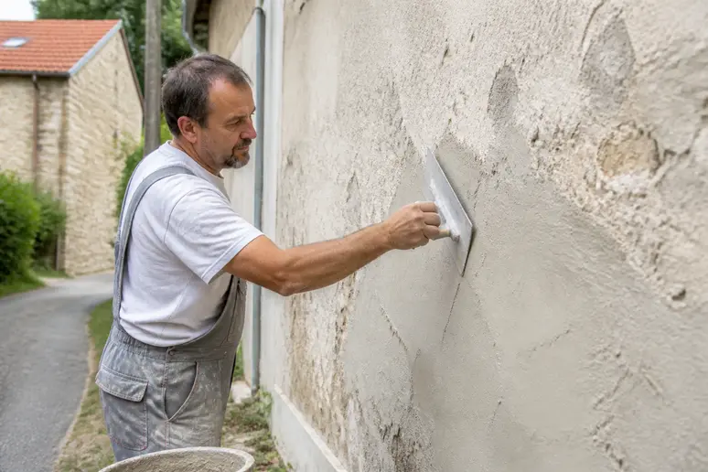 Artisan appliqué étalant un enduit sur une façade, révélant la transformation des travaux.
