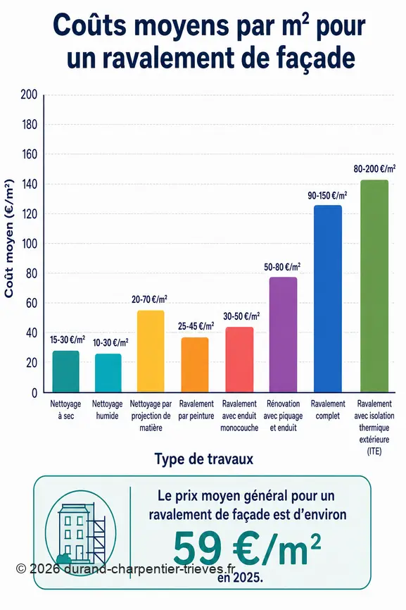 Graphique comparant les coûts moyens au m² pour différents types de ravalement de façade en France, de 10€ à 200€.