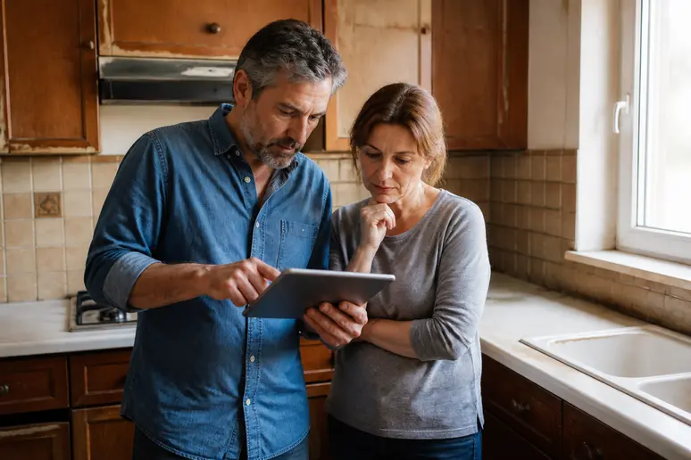 Couple français examinant un devis détaillé de rénovation sur une tablette dans leur cuisine vieillotte.