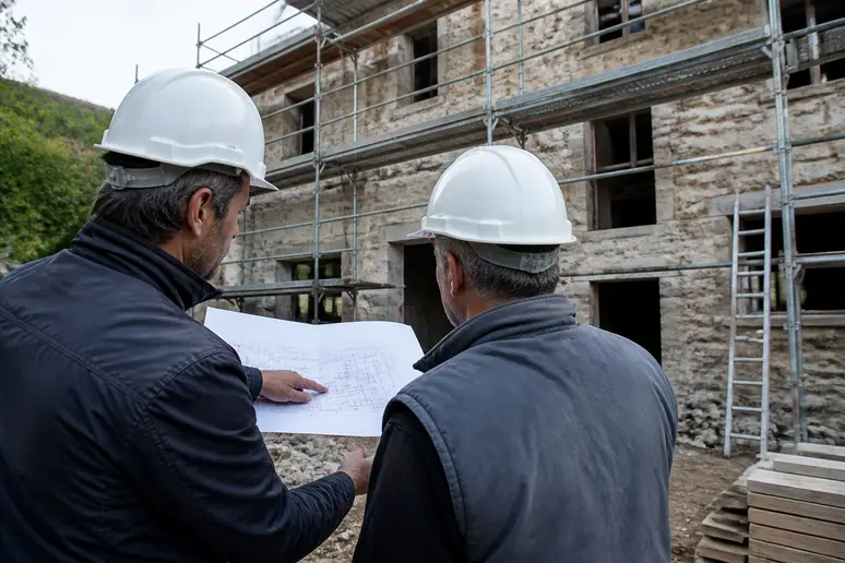Deux artisans français discutent des plans sur un chantier de rénovation, assurant la qualité des travaux.