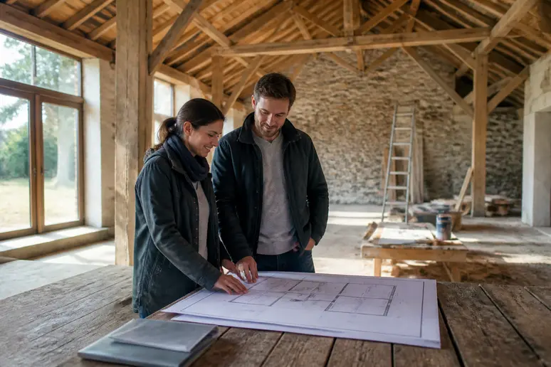 Un couple discute de plans à l'intérieur d'une grange en cours de rénovation, baignée de lumière naturelle.