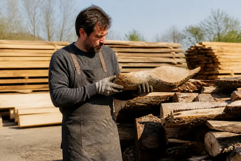 Un charpentier français examine des rondins de bois en extérieur, évaluant leur qualité et leur adéquation pour un projet.