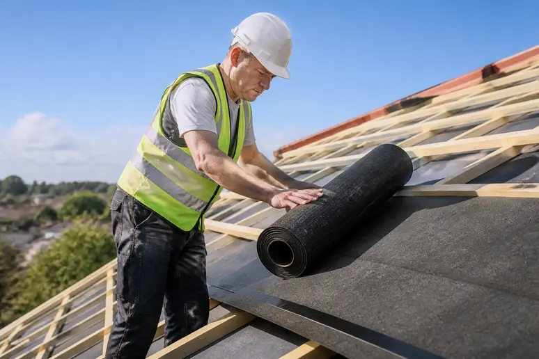 Un couvreur français examine un rouleau de matériau de toiture sur un chantier, soulignant l'importance des normes.