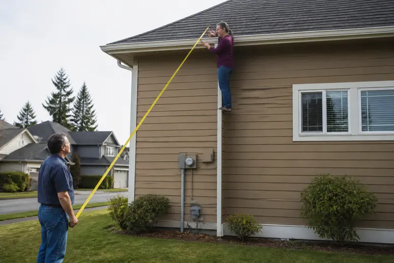 Un propriétaire français mesure la hauteur d'une section de toiture depuis le sol, illustrant le calcul de la pente.