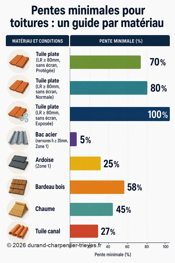 Infographie comparant les pentes minimales des toitures pour tuiles, bacs acier, ardoises, bois et chaume.