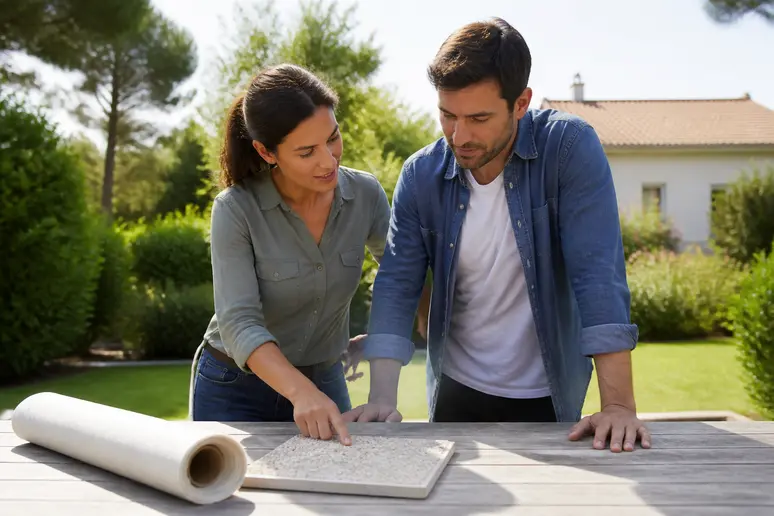 Un couple discute des choix de granulats et de résine pour leur future terrasse de jardin ensoleillé.