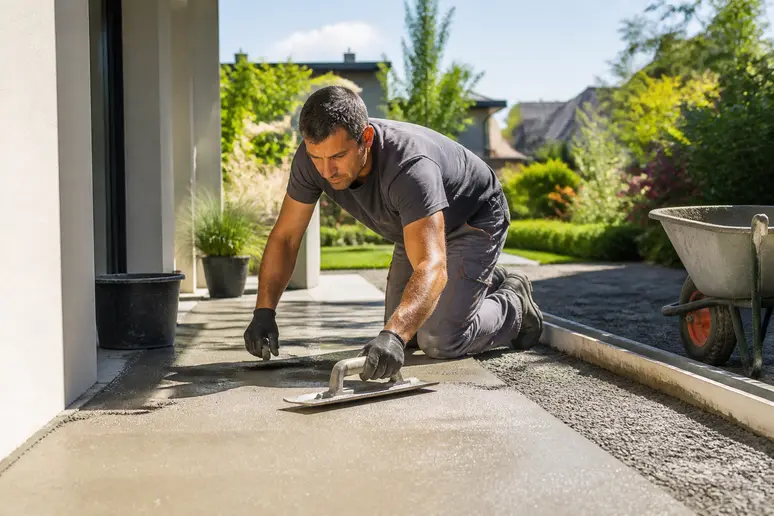 Un professionnel prépare soigneusement le support en béton pour une pose de terrasse en résine résistante et durable.