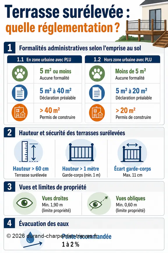 Infographie résumant les règles d'emprise au sol, de hauteur, de sécurité et de distances pour construire une terrasse surélevée.