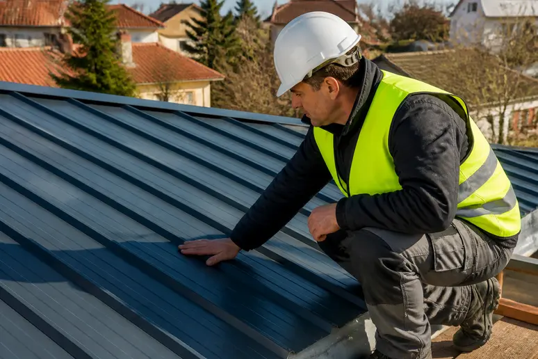 Un couvreur français examine une toiture en bac acier récemment installée sur une maison résidentielle, sous un ciel ensoleillé.